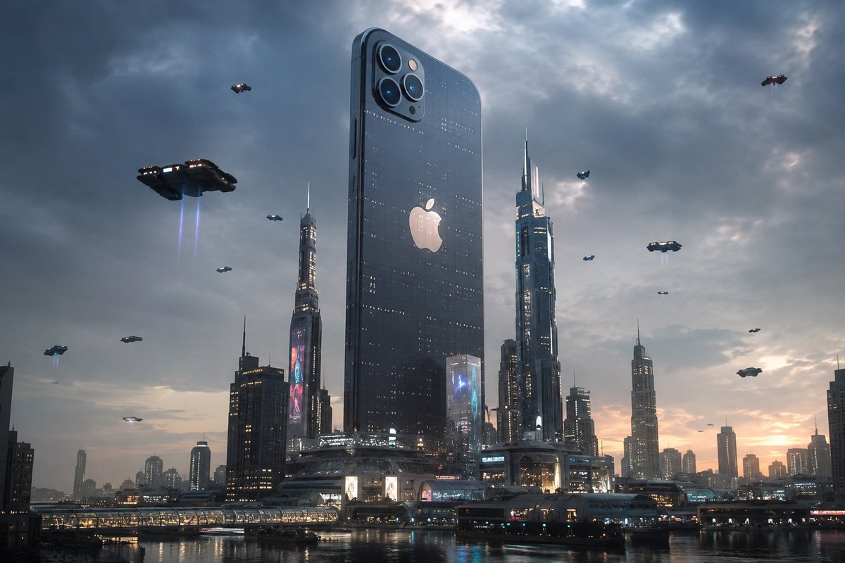 Giant iPhone skyscraper glows amid futuristic flying cars.