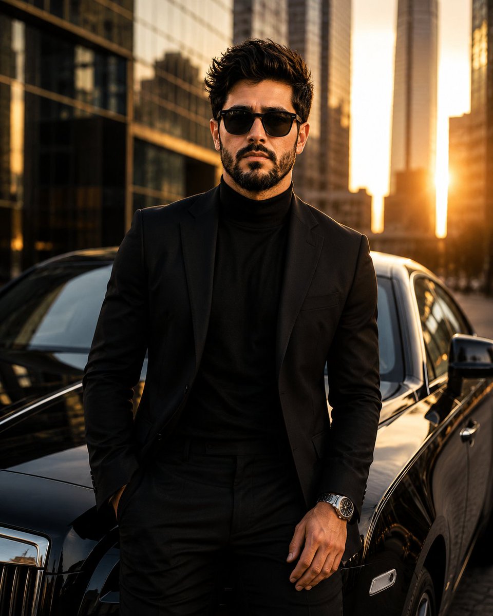 Young CEO stands beside luxury car at golden hour