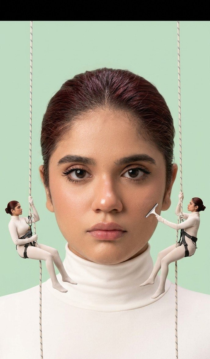 Woman's giant face gets polished by tiny identical climbers