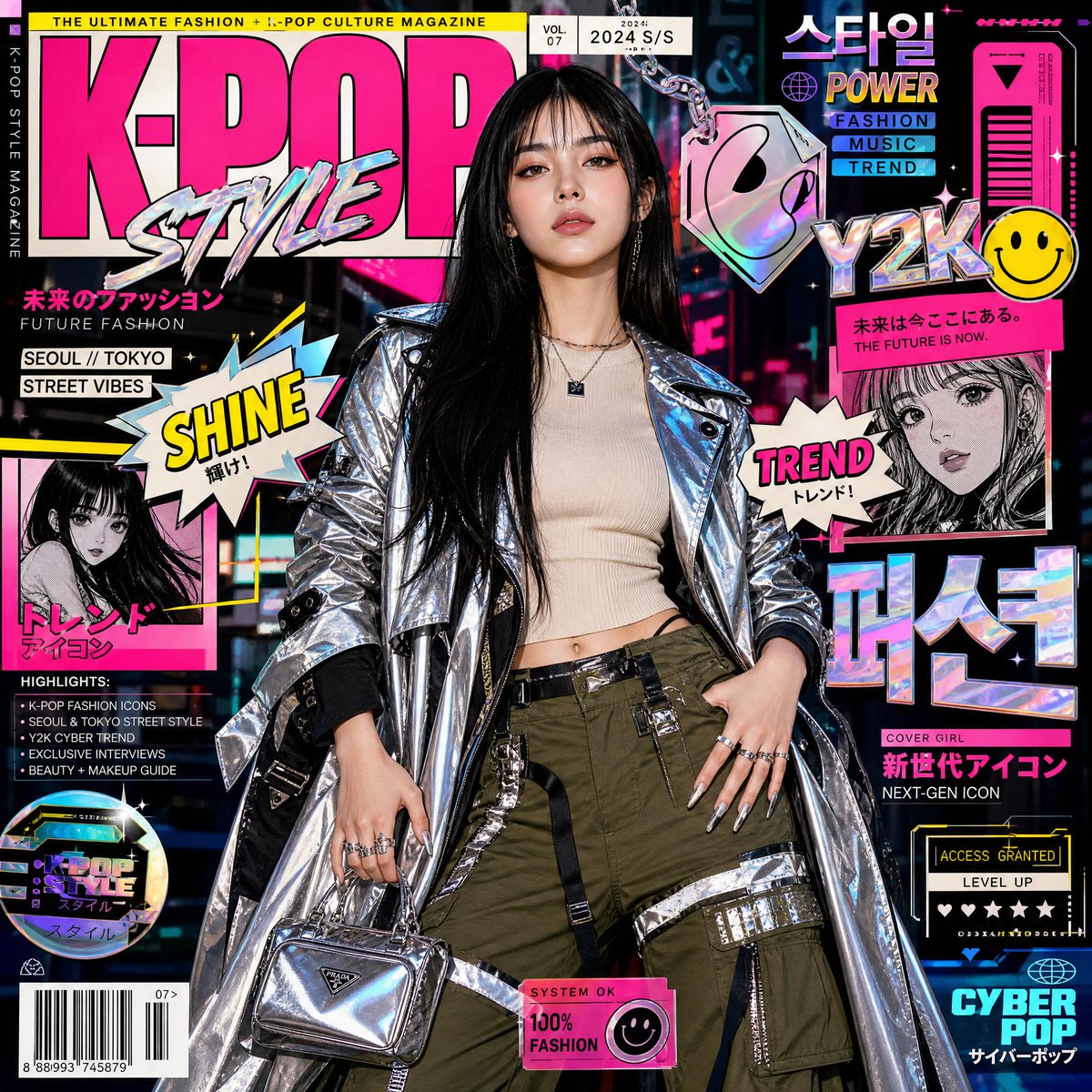 K-pop star poses in futuristic streetwear on vibrant magazine cover