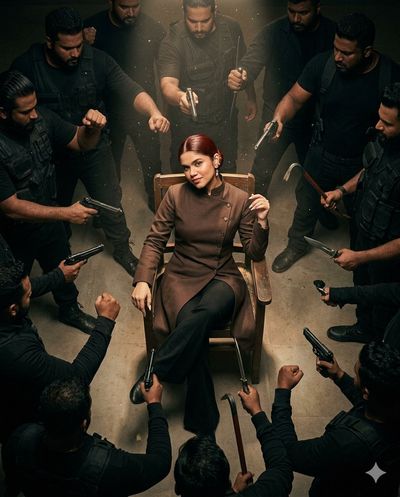 A calm woman sits surrounded by armed aggressors in a spotlight