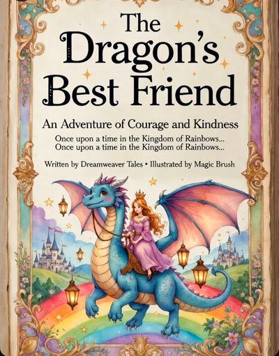 A princess rides a friendly dragon across a rainbow landscape