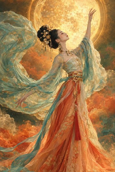 Moon Goddess Dances in Flowing Silk with Golden Halo
