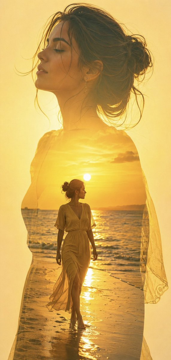 A serene woman's silhouette holds a sunset beach walk inside.