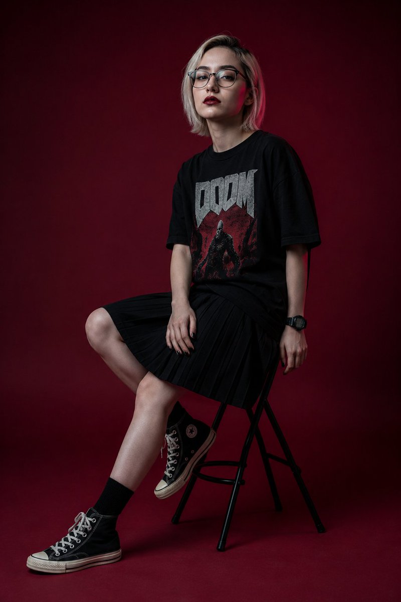 A woman with platinum hair and black roots sits on a stool