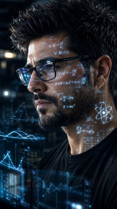 A brilliant scientist analyzes holographic equations in a futuristic lab