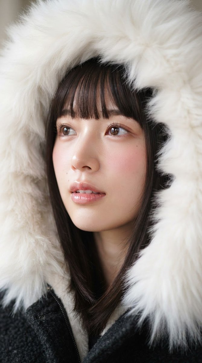 Young woman with blunt bangs emerges from white fur hood