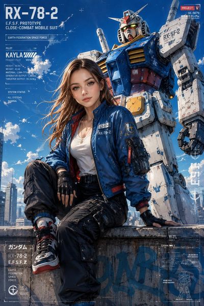 A young woman in a futuristic jacket sits before a towering Gundam.