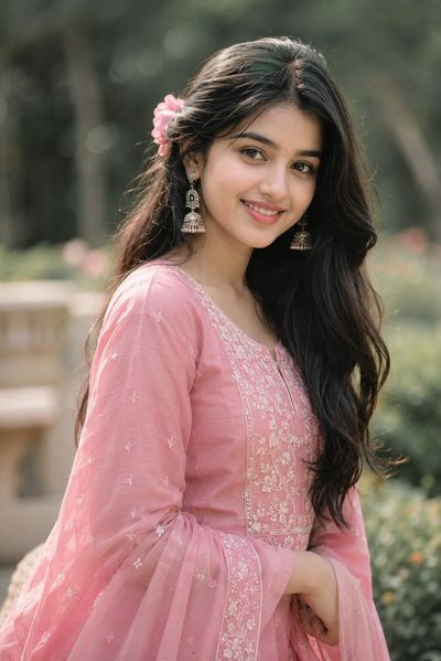 Indian girl in pink salwar smiles amid garden bokeh