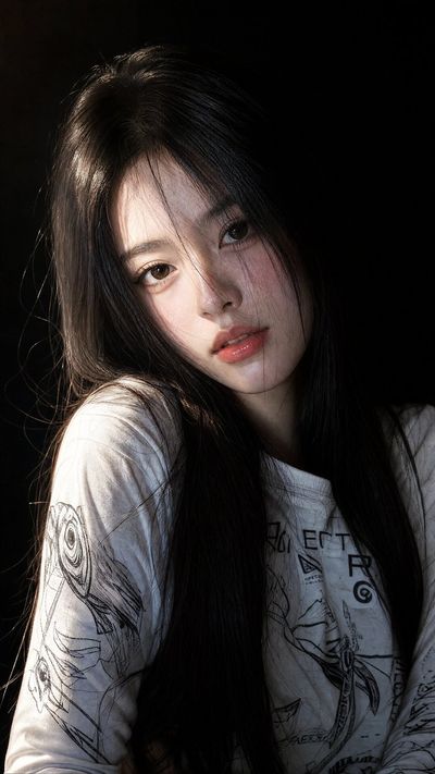 Elegant East Asian woman with jet-black hair meets camera under soft side light