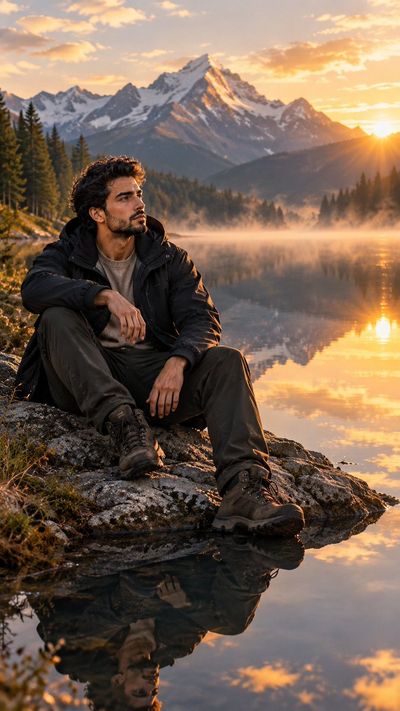 Young man sits by mirror-like alpine lake at golden sunrise