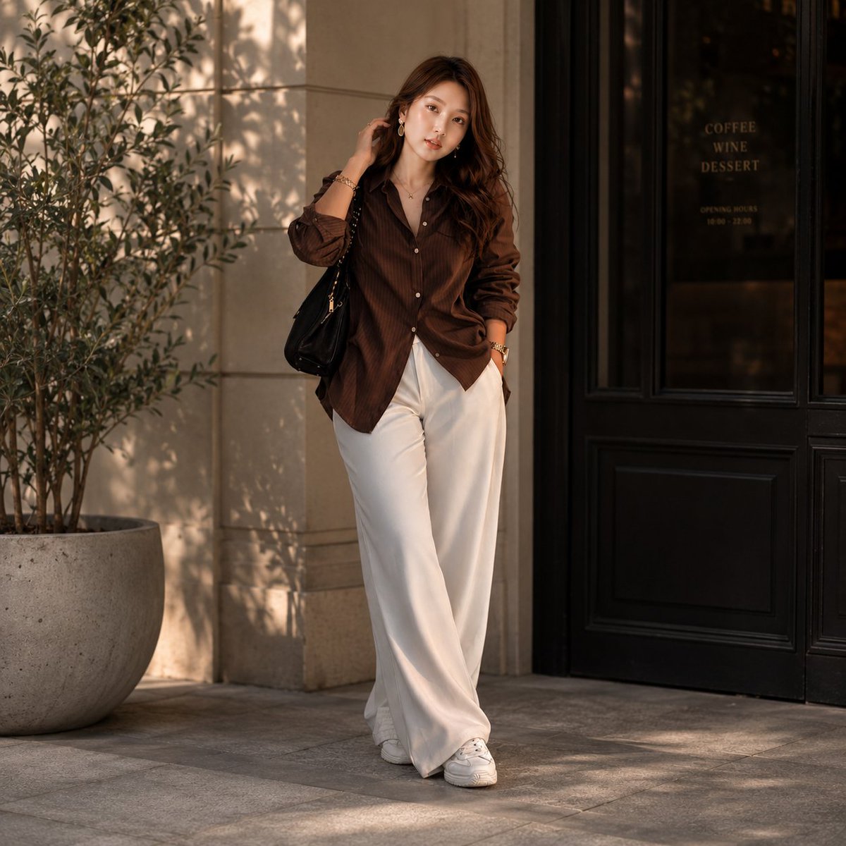 A stylish woman poses outside a luxury café at golden hour