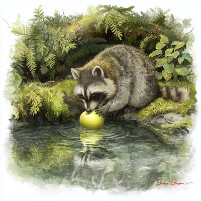 A Raccoon’s Tender Apple Wash in the Forest Stream