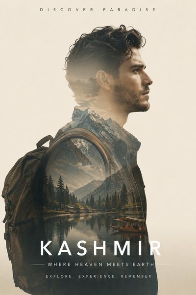 A backpacker's silhouette reveals Kashmir's snowy mountains and lake.