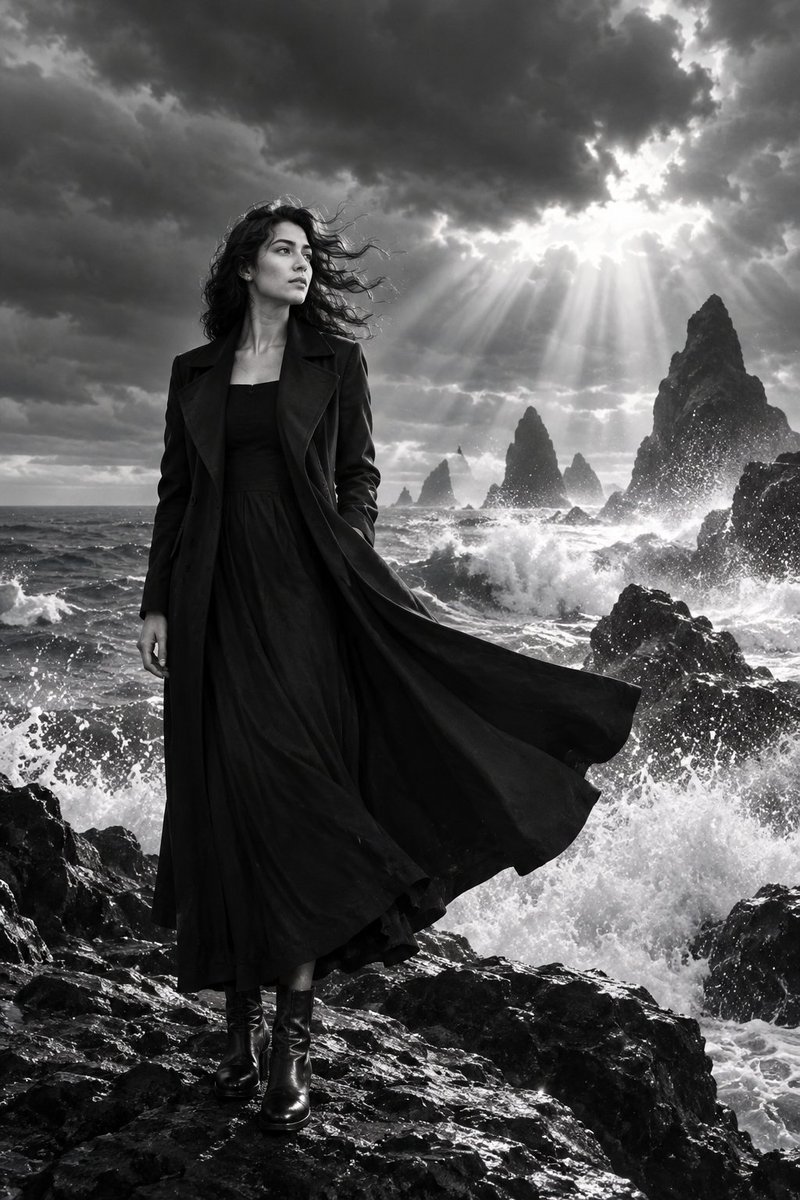 Elegant woman stands on volcanic rocks facing stormy ocean winds