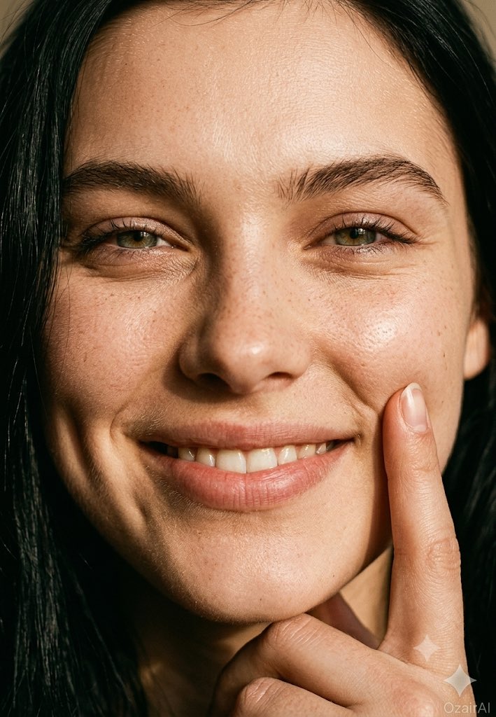 A genuine smile with a finger pressing softly creates a dimple.