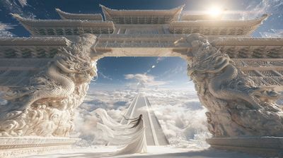 Colossal white stone paifang gateway rises above snowfields under cobalt sky