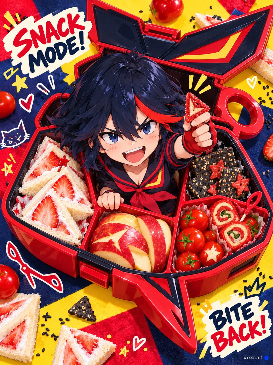 Cute character peeks out from a custom shaped bento box in bright snack ad style