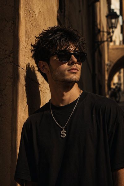 A stylish man wears a clay pot in a sunlit Moroccan alley