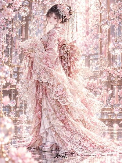 Elegant woman in cherry-pink furisode kimono stands among crystal blossoms
