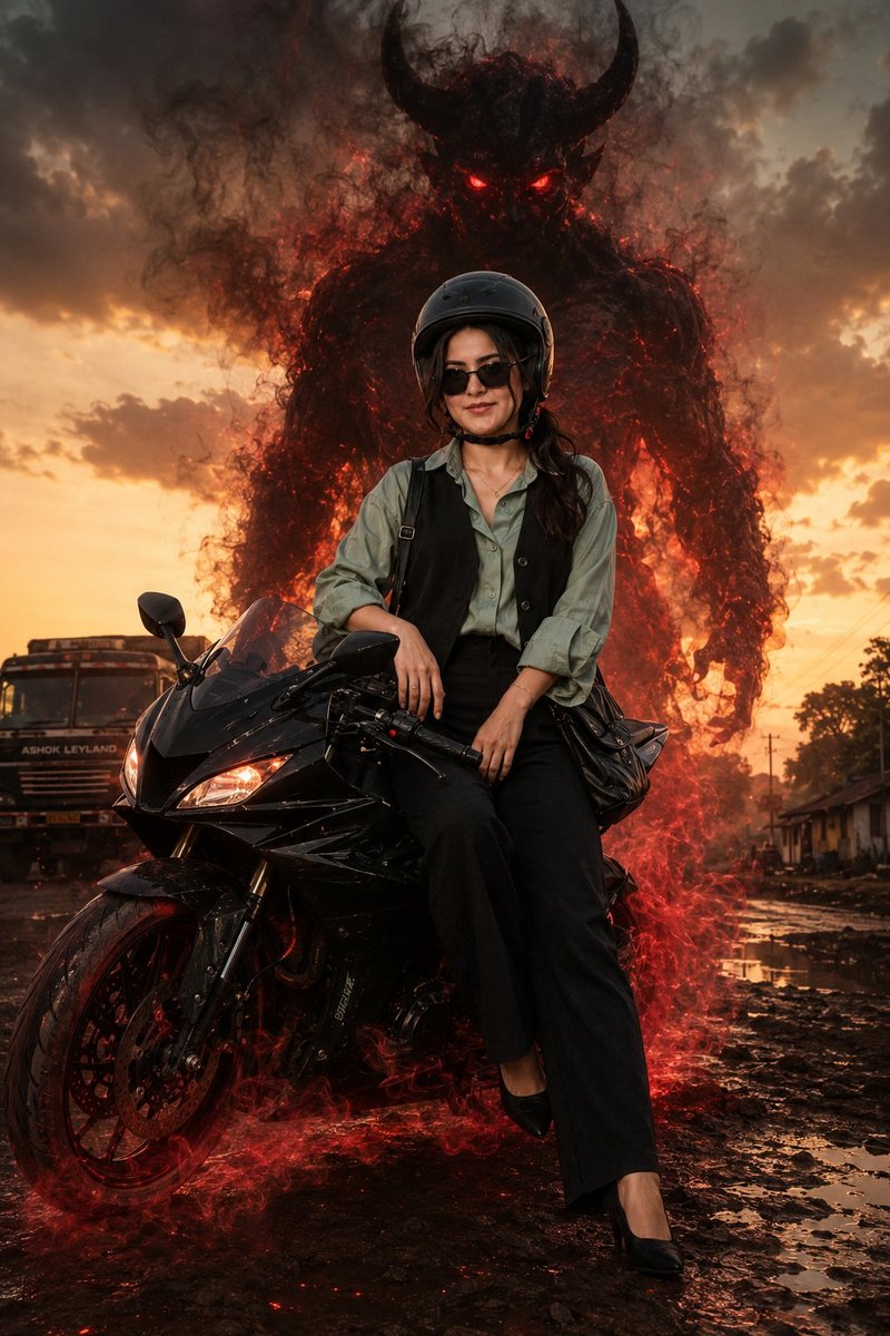 Confident girl sits on black bike with red demon shadow looming