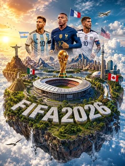 Floating island with Messi Mbappé Pulisic guarding FIFA trophy