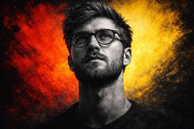 A Determined Gaze: Grayscale Portrait Meets Bold Abstract Contrast