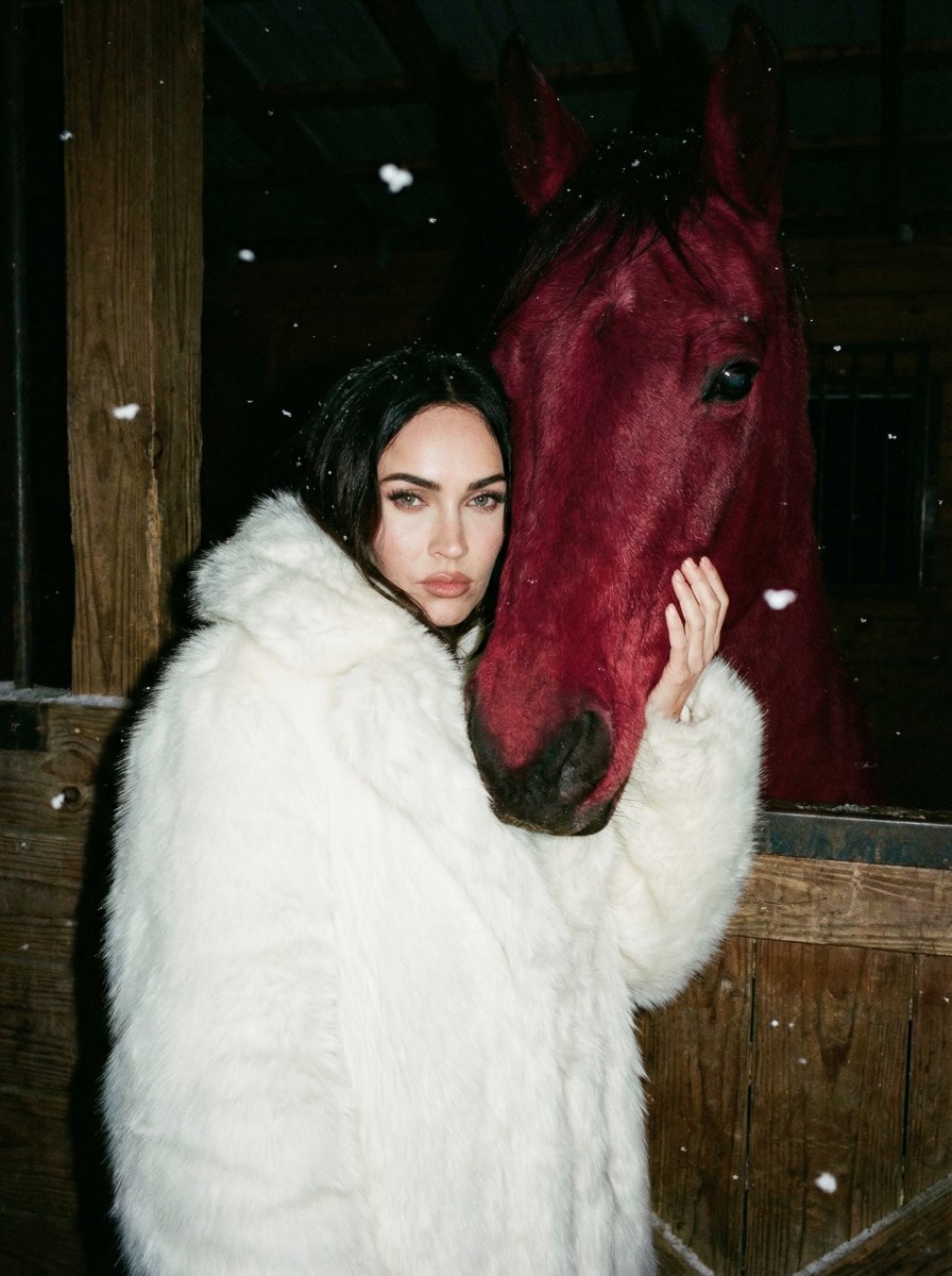 Frozen Night Contrast: Woman and Crimson Horse in Harsh Flash