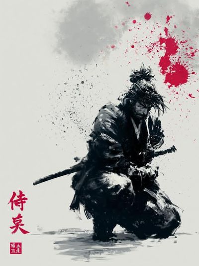 Lone samurai warrior stands with naginata in misty ink wash