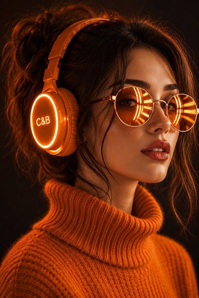 Neon green glasses and headphones illuminate a woman's face