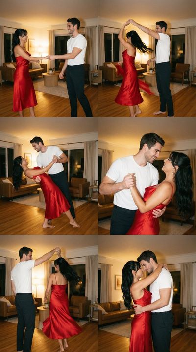 Cinematic Dance in Red Satin: A Couple’s Intimate Moment