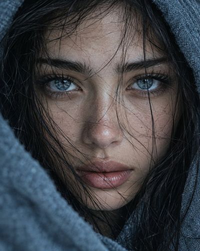 Intimate Blue-Gray Portrait Captures Raw Beauty With Piercing Gaze