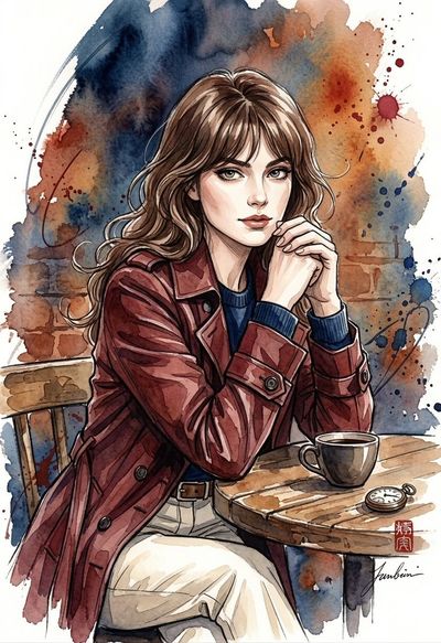 Elegant woman in burgundy coat walks through moody watercolor street