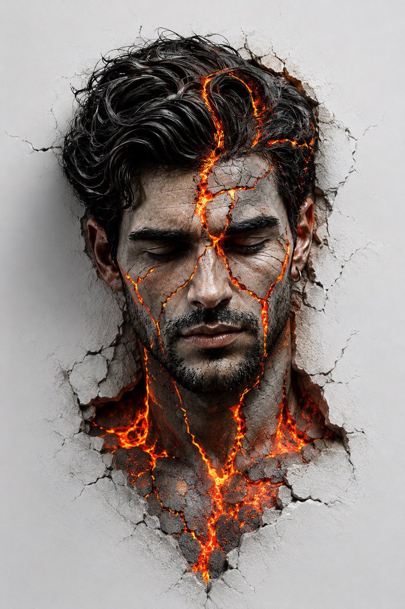 A serene face emerges from white wall with volcanic cracks