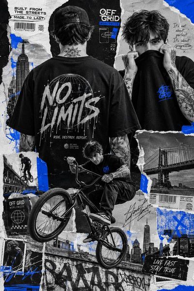 Tattooed BMX rider dominates layered streetwear collage poster