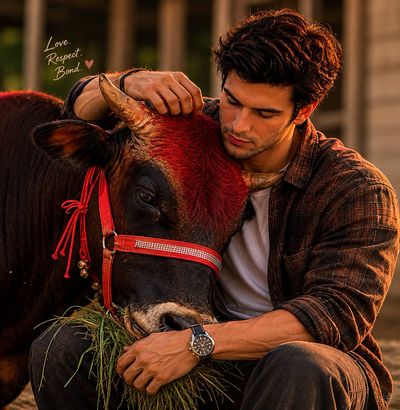 A young farmer bonds with his bull during golden hour feeding