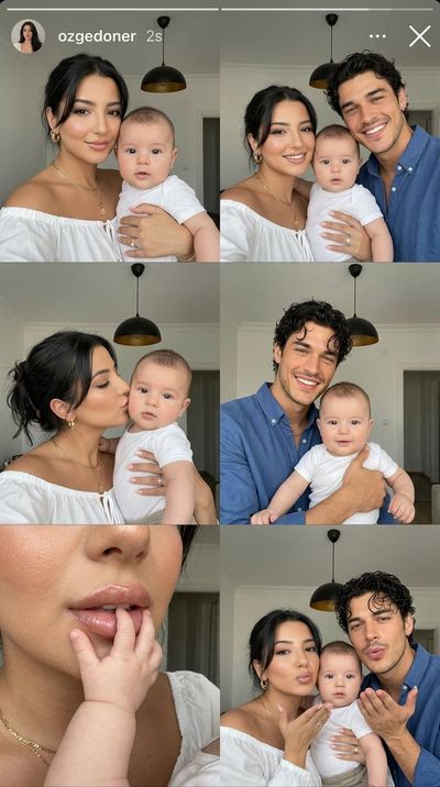 A young couple shares a playful selfie with their baby boy