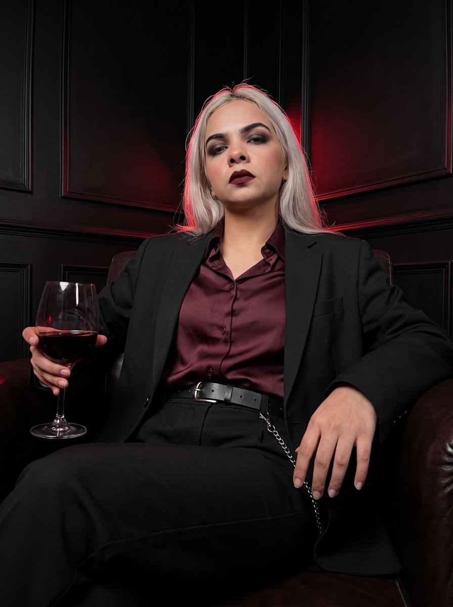 Platinum blonde woman gazes coldly while holding red wine in noir