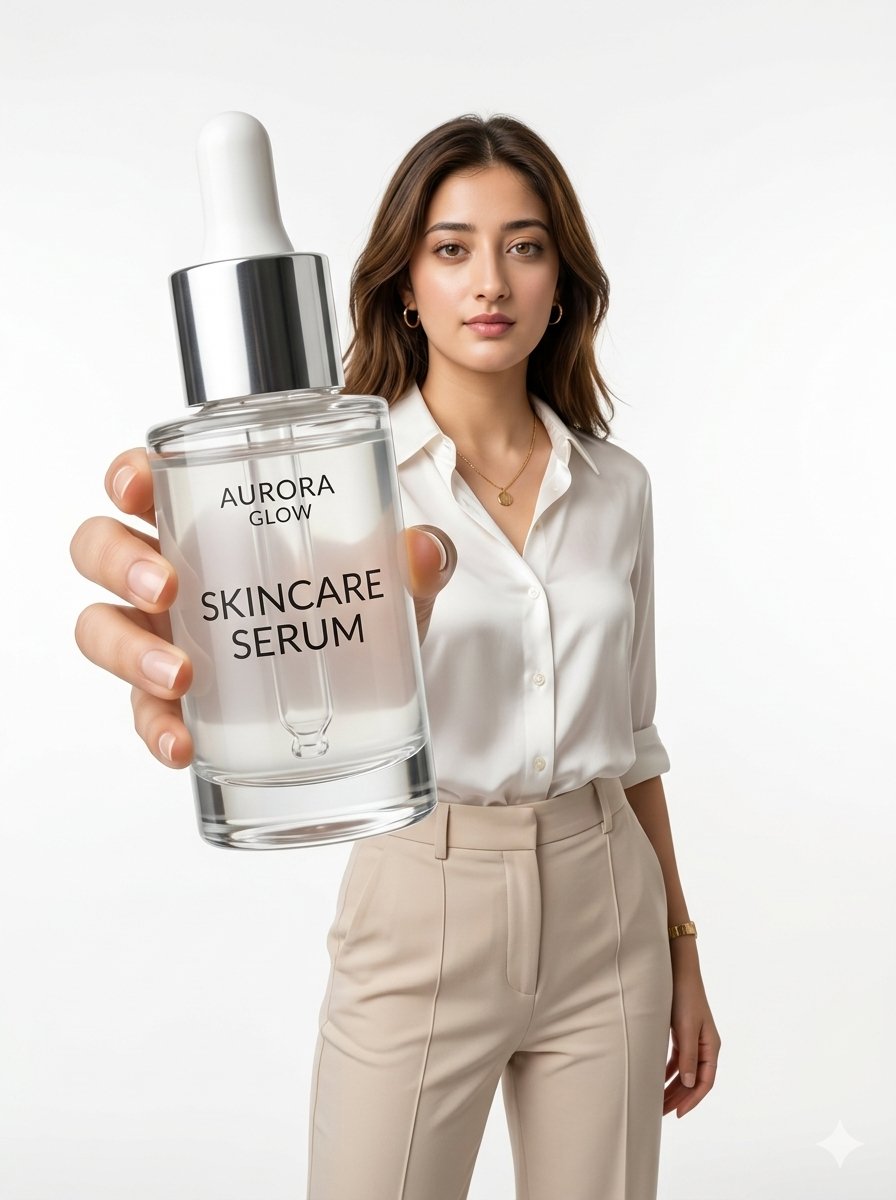 A confident model holds a giant serum bottle toward the camera.