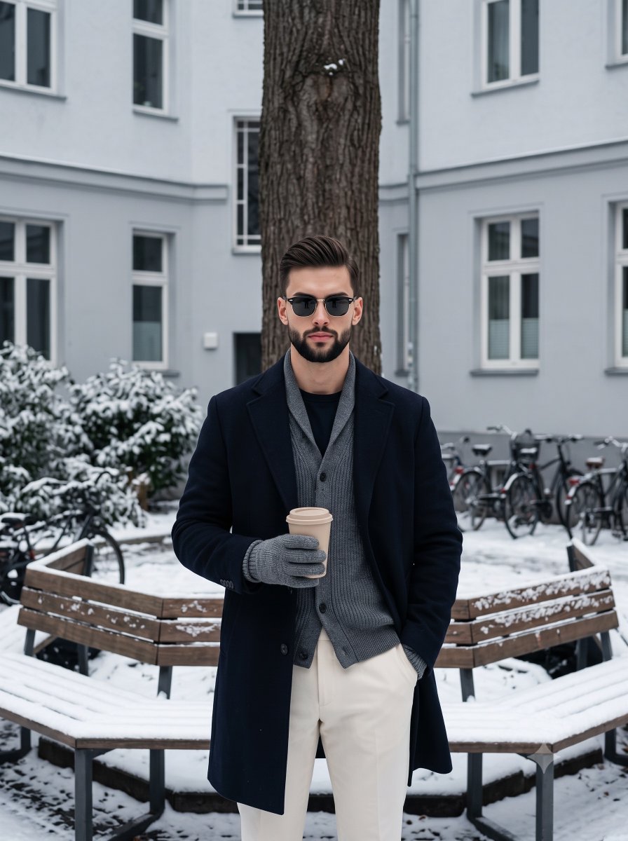 A confident man in a navy coat holds coffee in snowy courtyard