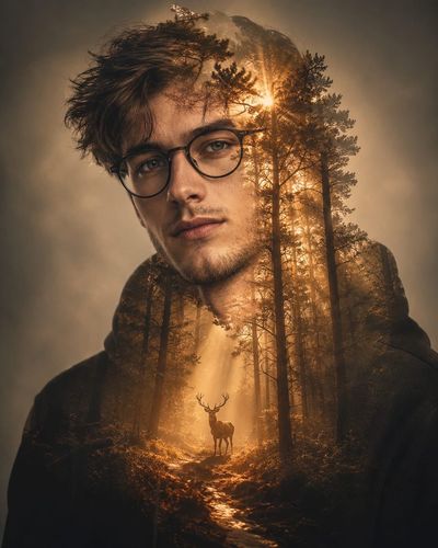 A handsome man's silhouette blends with a mystical forest in golden light