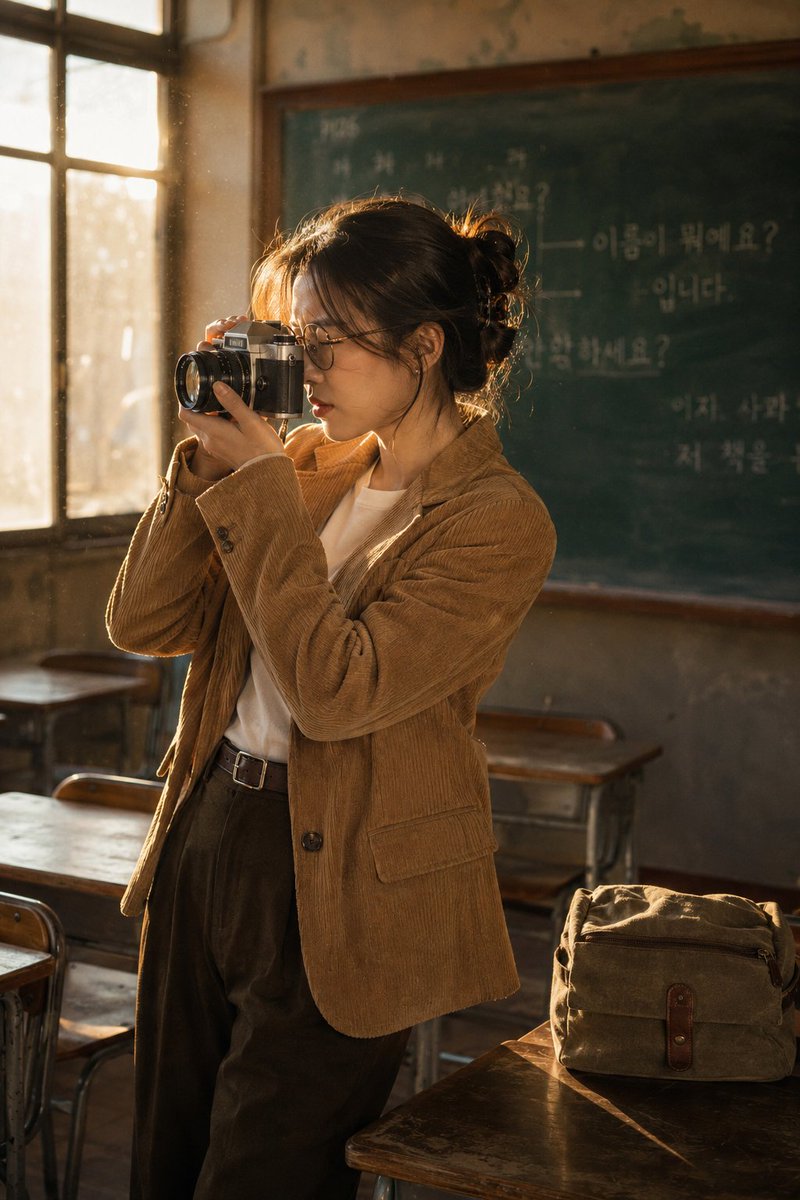A Korean woman photographs golden light in a vintage classroom