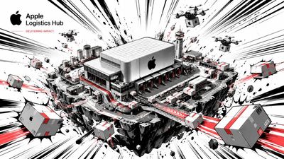 Apple logo bursts through speed lines in manga isometric splash
