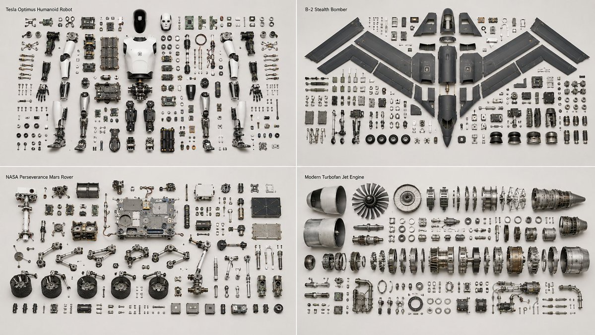 Tesla Optimus robot disassembled into sixty precise components flat-lay