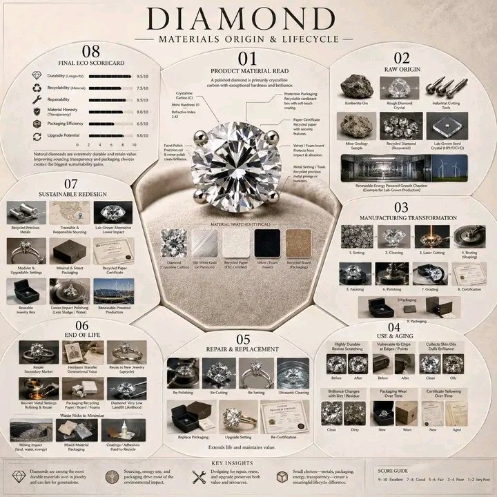 A brilliant diamond rests at the center of a circular lifecycle infographic.