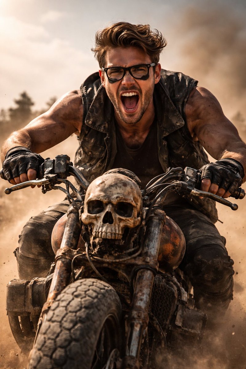 Fierce Post-Apocalyptic Rider in Dusty Desert Rush