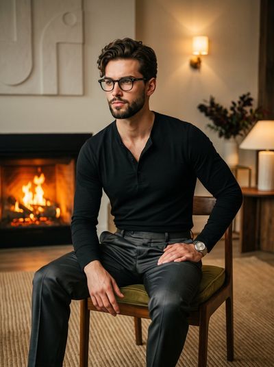 Man in glasses sits by fireplace in warm lodge living room