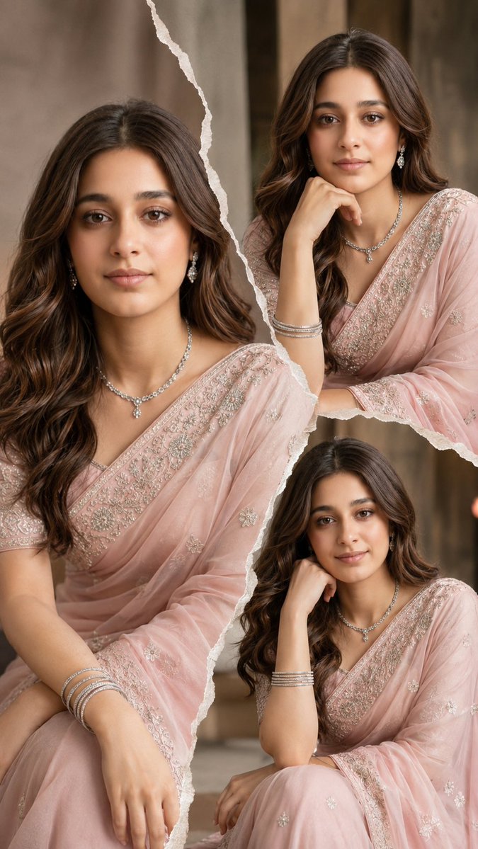 Woman in pink saree poses elegantly in torn paper collage