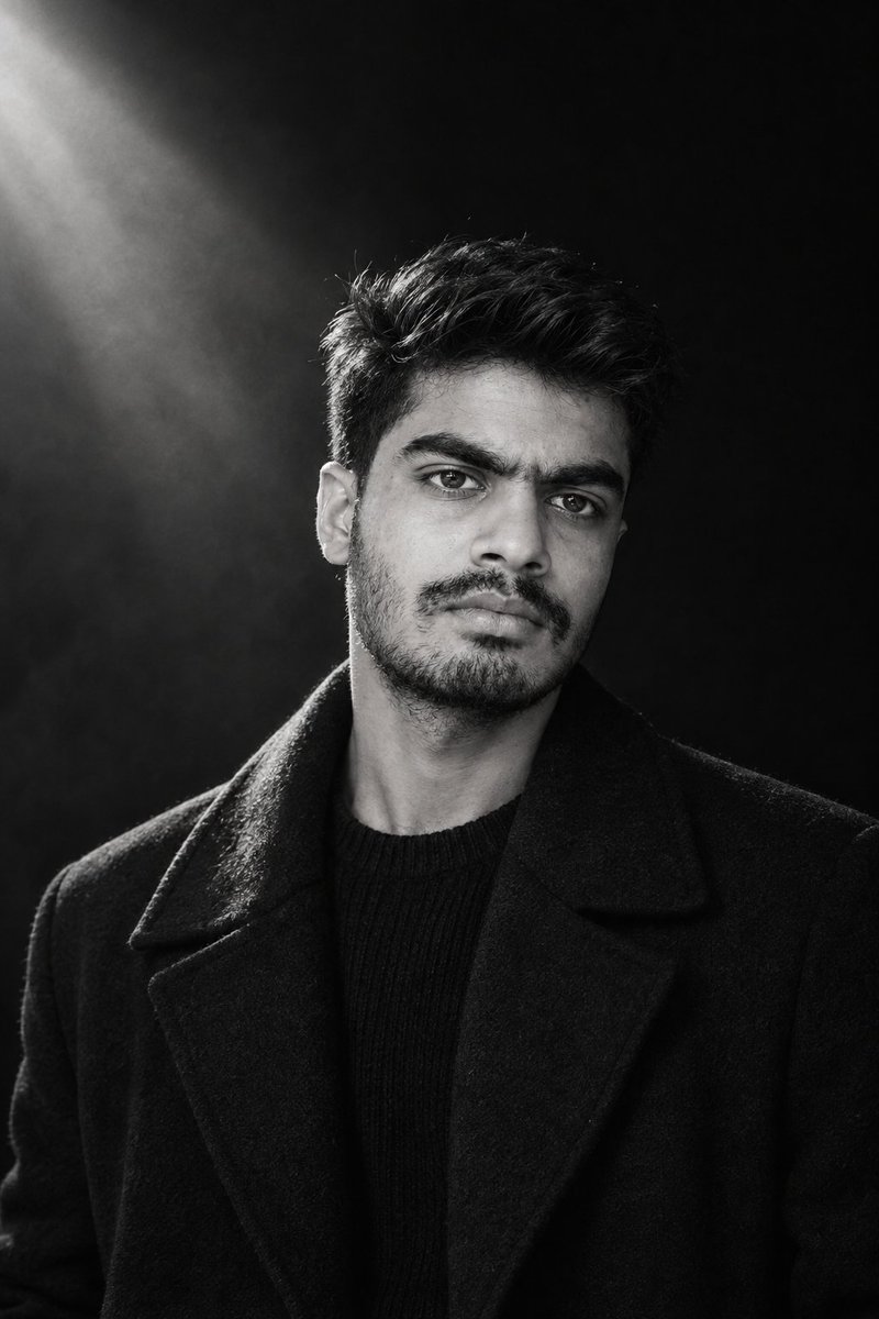 A young man emerges from darkness in striking black-and-white portrait