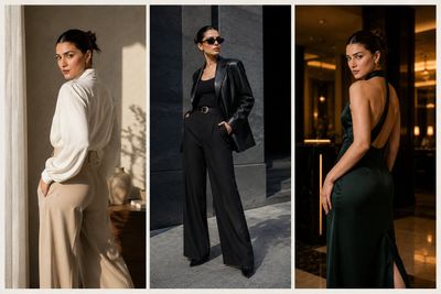 A model wears three luxury looks in a triptych